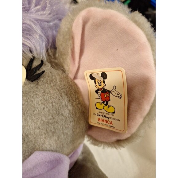 80s Disney Bianca Gray Plush Mouse Stuffed Purple Bow 16" Vintage Made in Korea - Picture 3 of 16